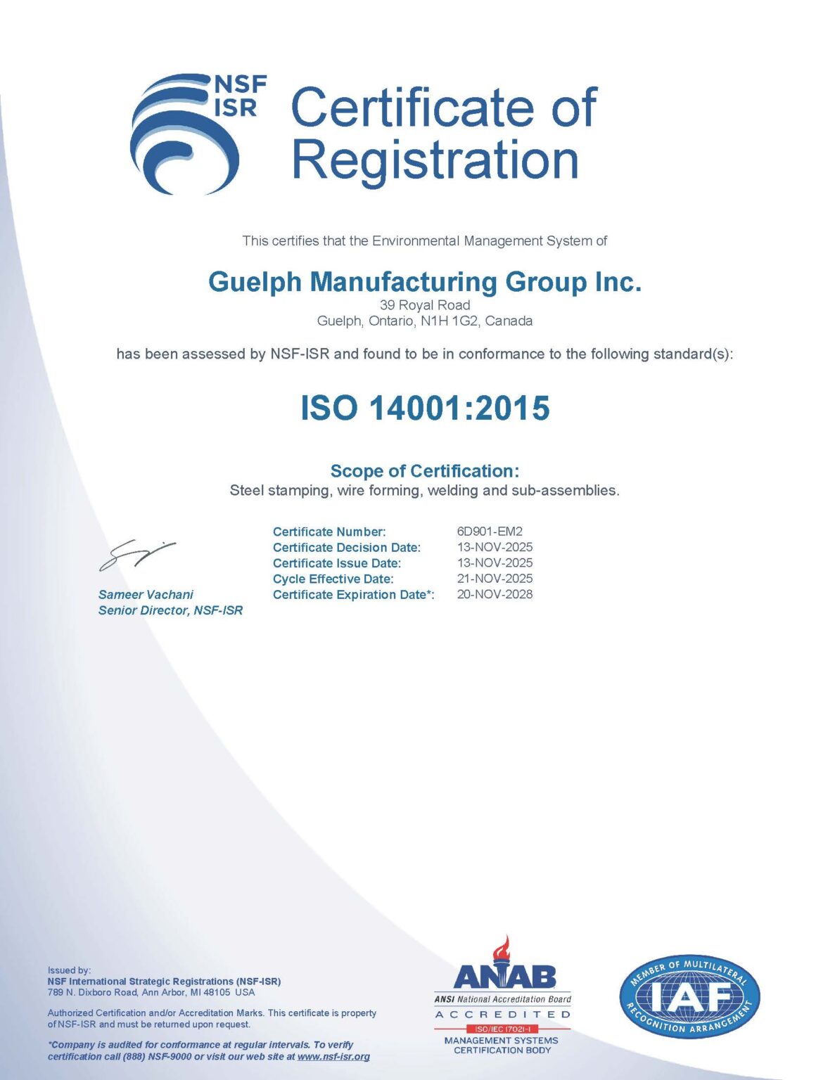 Certifications - Guelph ManufacturingGuelph Manufacturing